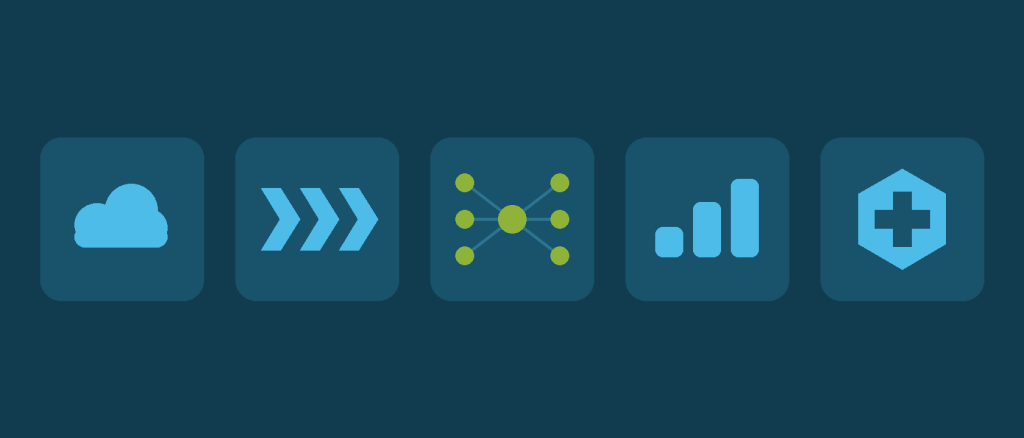 Five tiles on a navy field with cyan glyphs for cloud, pipelines, machine learning, cost and health data, the middle one accented in lime